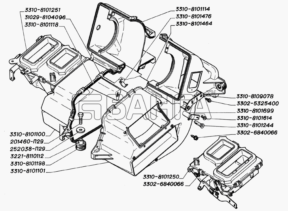 ГАЗ ГАЗ-2705 (дв. ЗМЗ-402) Схема Детали корпуса отопителя (для